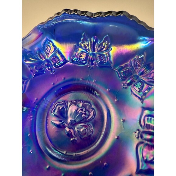 Fenton Cobalt Blue Carnival Glass Butterfly Candy Bon Bon Dish Iridescent - Picture 6 of 8